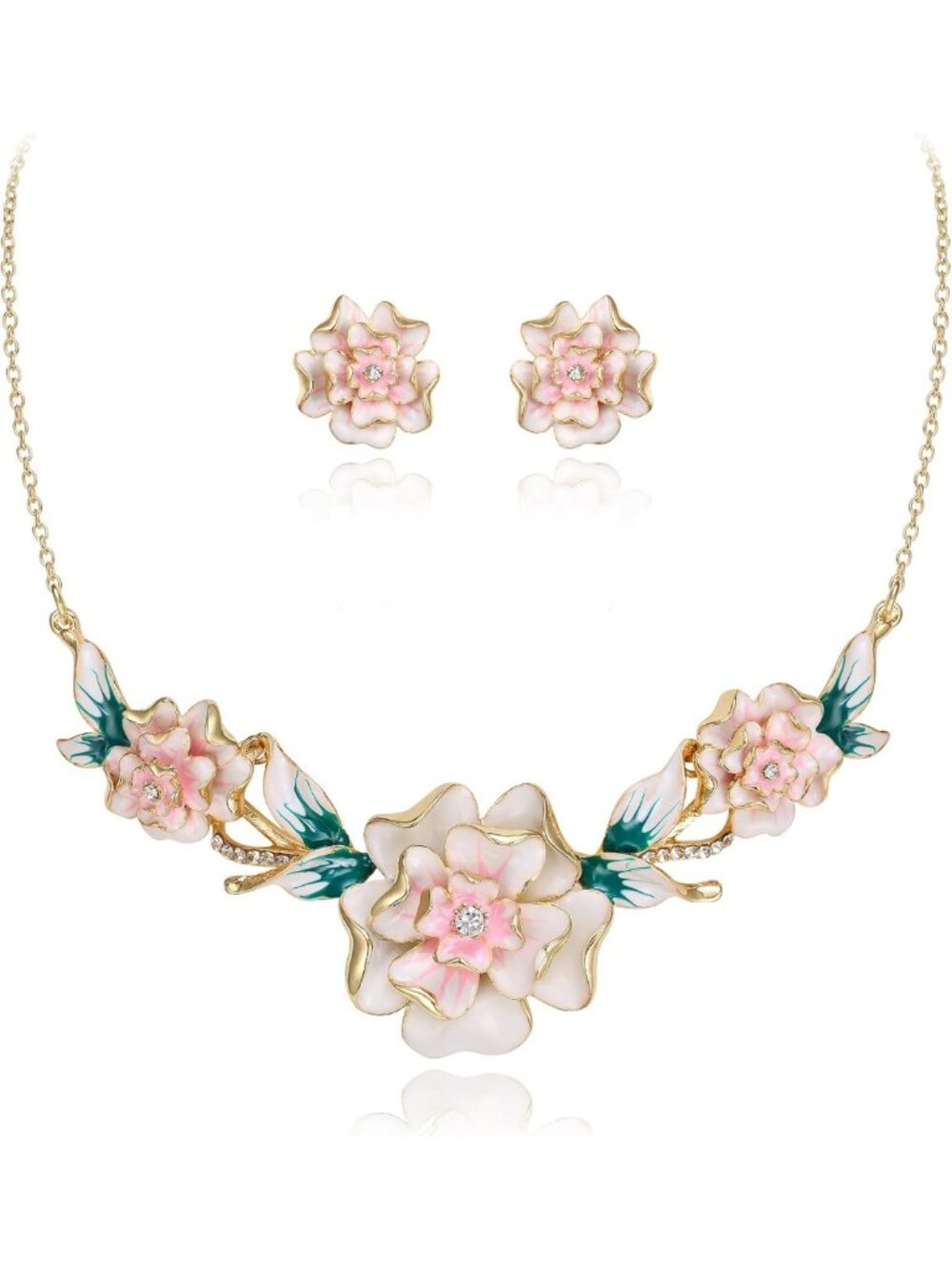 Elegant Austrian Crystal Peony Flower Necklace & Earrings Set in Gold-Tone